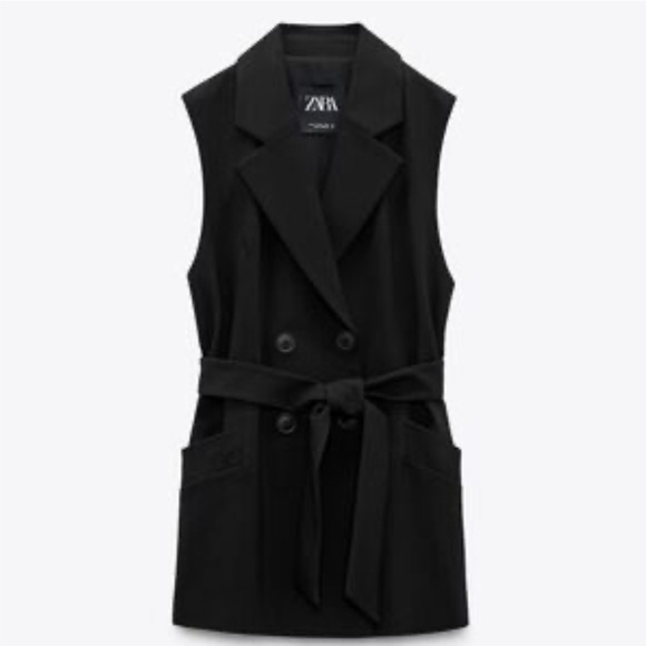 Zara Small Belted Double Breasted Vest Blazer - Black - Picture 8 of 12